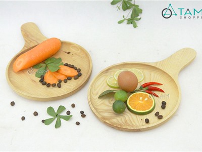 Khay gỗ đựng đồ ăn trang trí hình tròn có tay cầm số 24